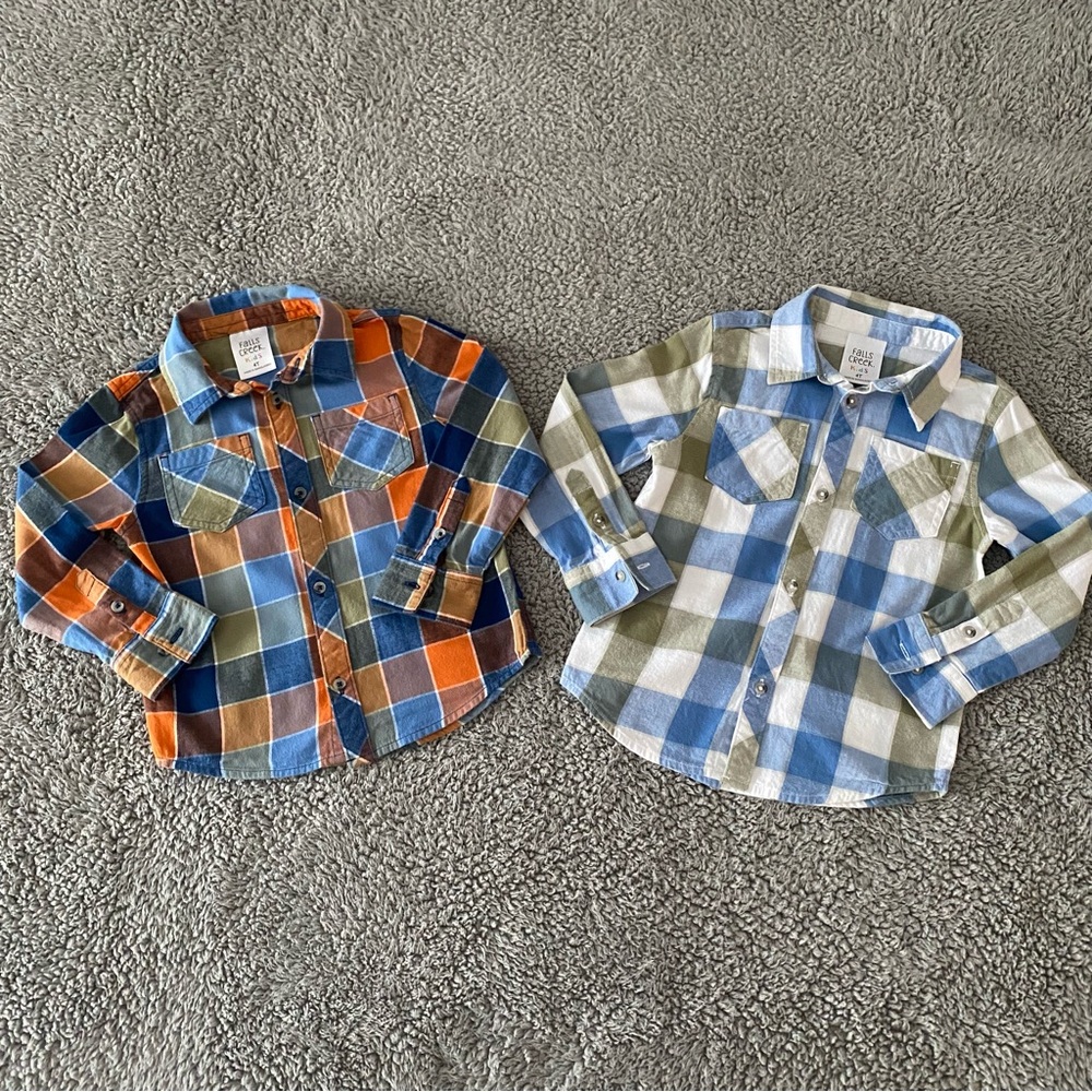 Toddler Boys Long Sleeve Button Down Shirts 4T Blue Green Orange Plaid Lot of 2